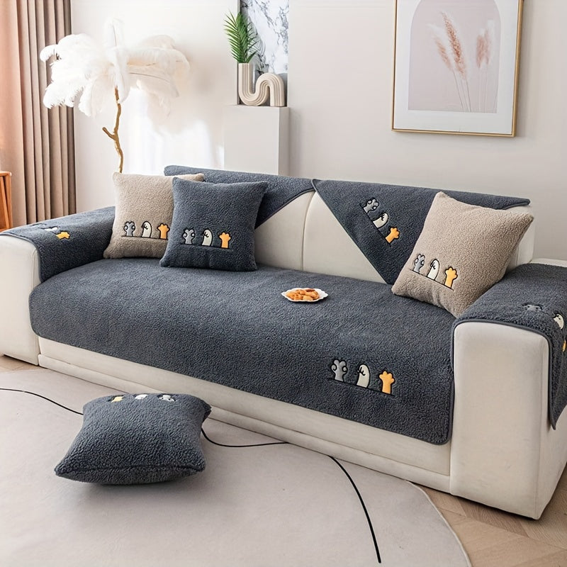 Plush Thick Shearling Sofa Cover with Cute Animal & Bone Embroidery
