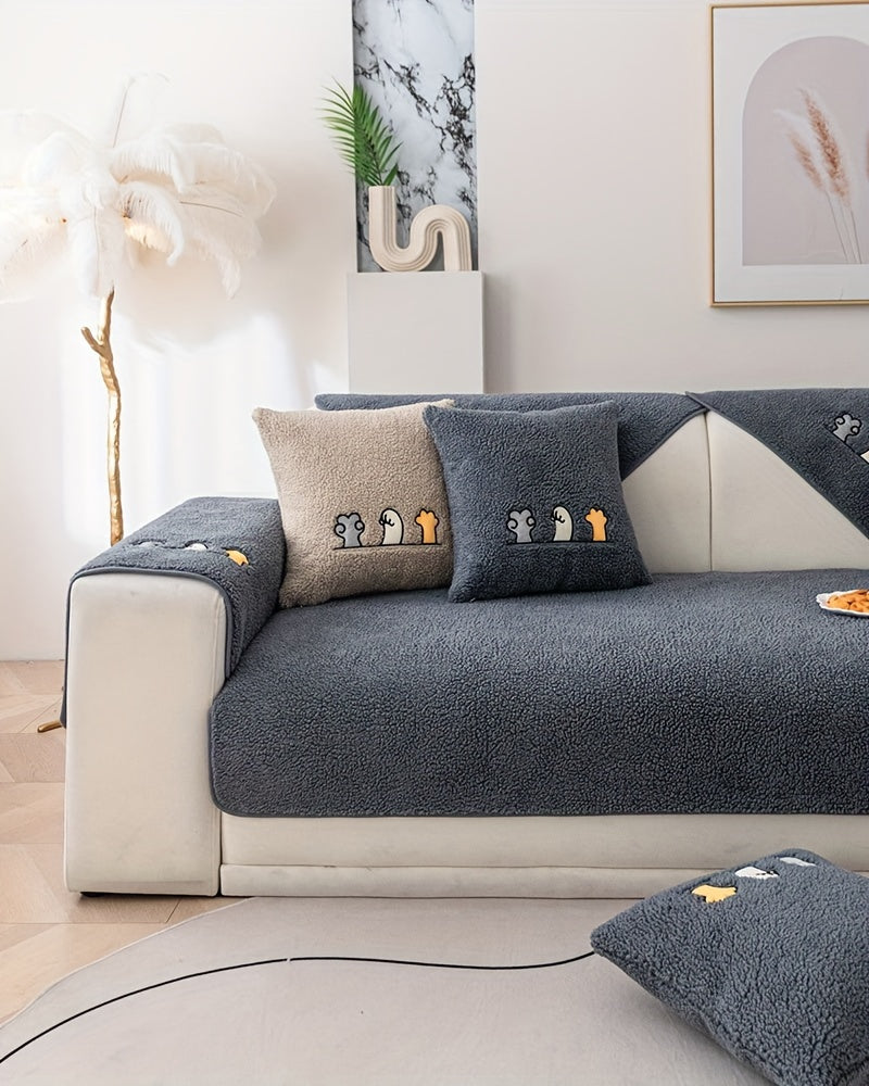 Plush Thick Shearling Sofa Cover with Cute Animal & Bone Embroidery