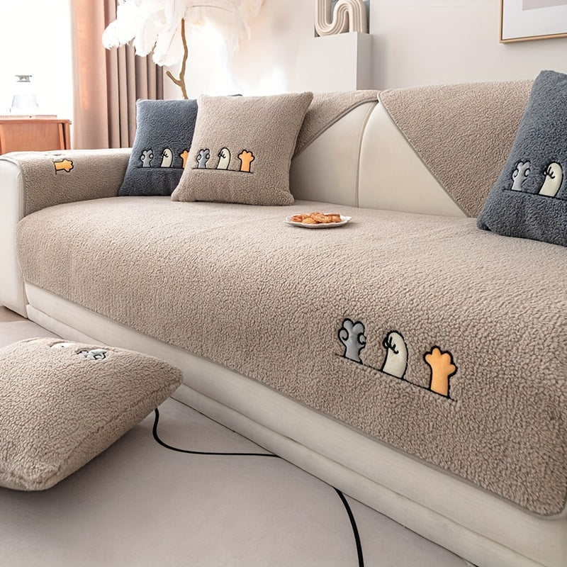 Plush Thick Shearling Sofa Cover with Cute Animal & Bone Embroidery