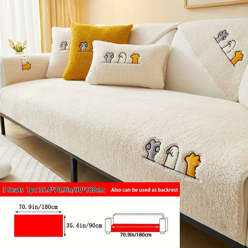 Plush Thick Shearling Sofa Cover with Cute Animal & Bone Embroidery