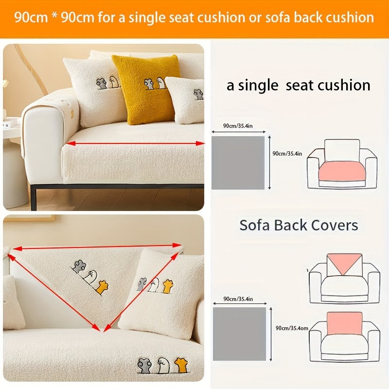 Plush Thick Shearling Sofa Cover with Cute Animal & Bone Embroidery