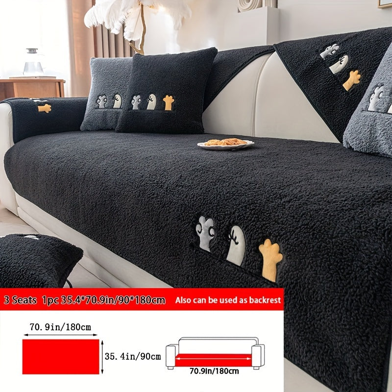 Plush Thick Shearling Sofa Cover with Cute Animal & Bone Embroidery