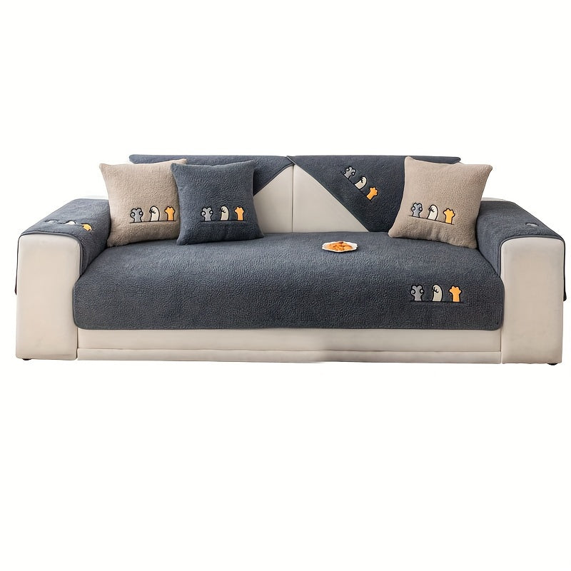 Plush Thick Shearling Sofa Cover with Cute Animal & Bone Embroidery