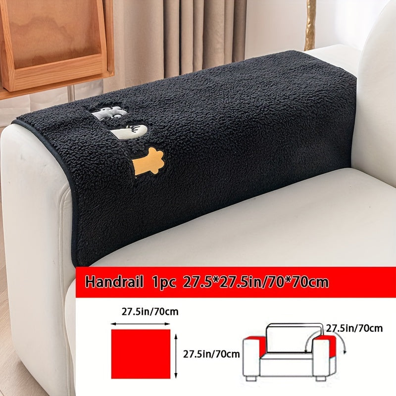 Plush Thick Shearling Sofa Cover with Cute Animal & Bone Embroidery