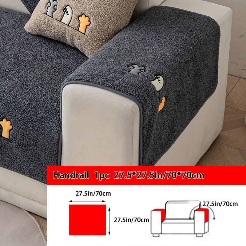 Plush Thick Shearling Sofa Cover with Cute Animal & Bone Embroidery