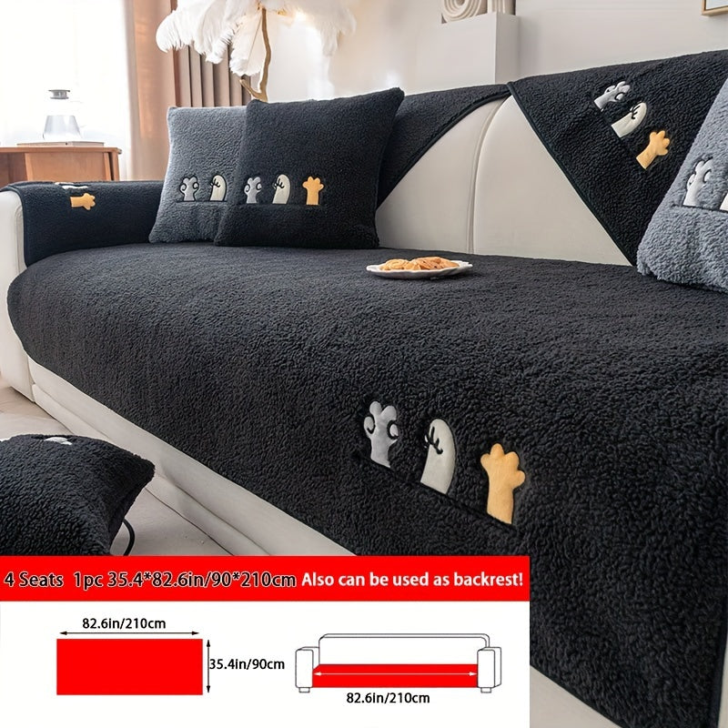Plush Thick Shearling Sofa Cover with Cute Animal & Bone Embroidery