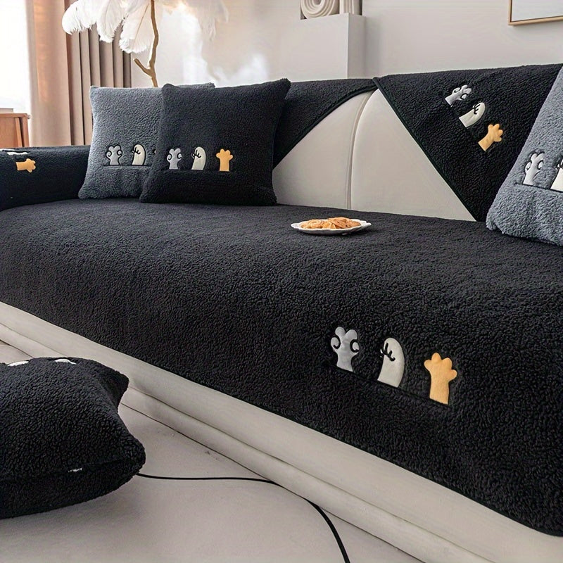 Plush Thick Shearling Sofa Cover with Cute Animal & Bone Embroidery