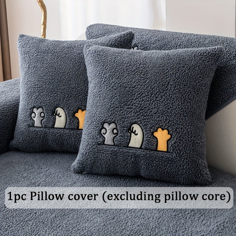 Plush Thick Shearling Sofa Cover with Cute Animal & Bone Embroidery