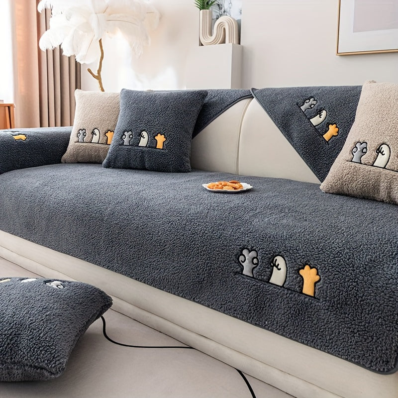 Plush Thick Shearling Sofa Cover with Cute Animal & Bone Embroidery