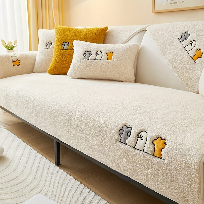 Plush Thick Shearling Sofa Cover with Cute Animal & Bone Embroidery