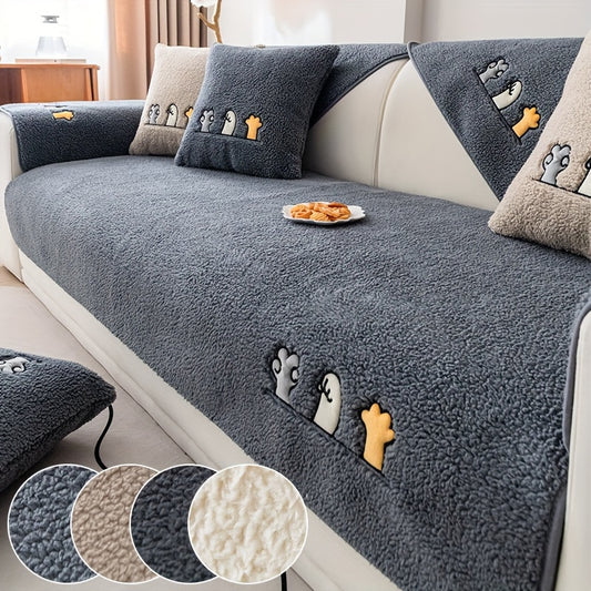 Plush Thick Shearling Sofa Cover with Cute Animal & Bone Embroidery