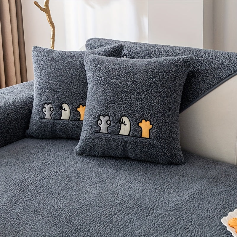 Plush Thick Shearling Sofa Cover with Cute Animal & Bone Embroidery