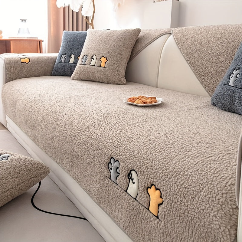 Plush Thick Shearling Sofa Cover with Cute Animal & Bone Embroidery
