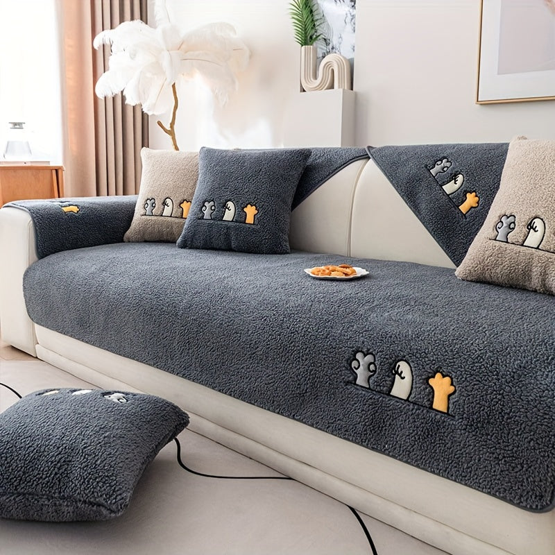 Plush Thick Shearling Sofa Cover with Cute Animal & Bone Embroidery