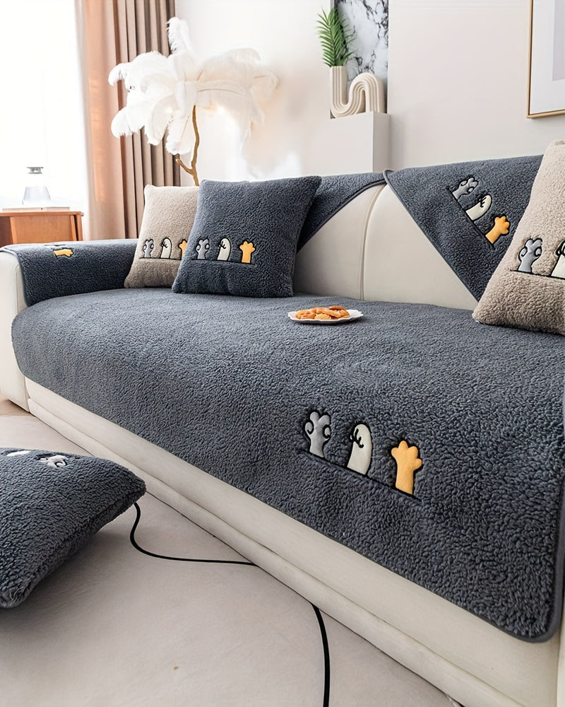 Plush Thick Shearling Sofa Cover with Cute Animal & Bone Embroidery
