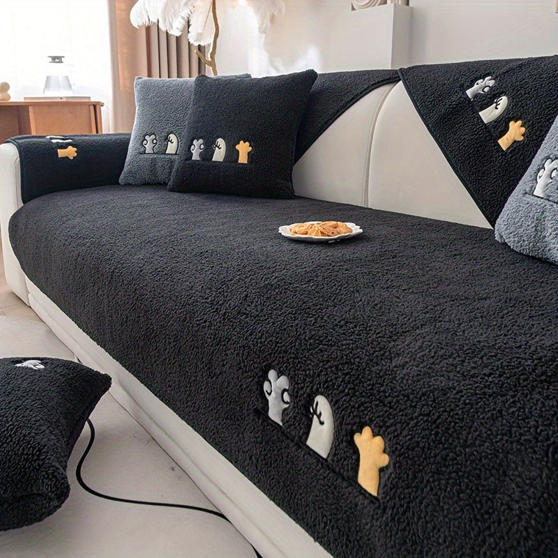 Plush Thick Shearling Sofa Cover with Cute Animal & Bone Embroidery