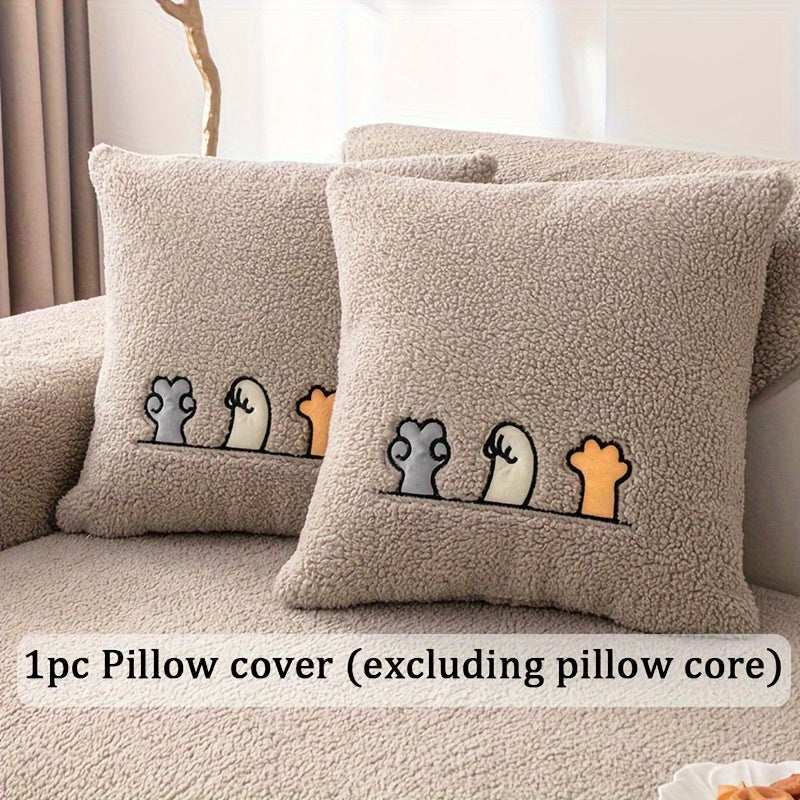 Plush Thick Shearling Sofa Cover with Cute Animal & Bone Embroidery