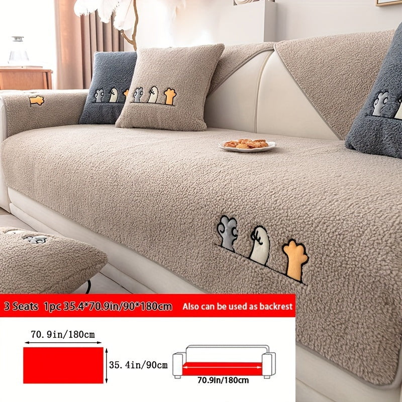 Plush Thick Shearling Sofa Cover with Cute Animal & Bone Embroidery