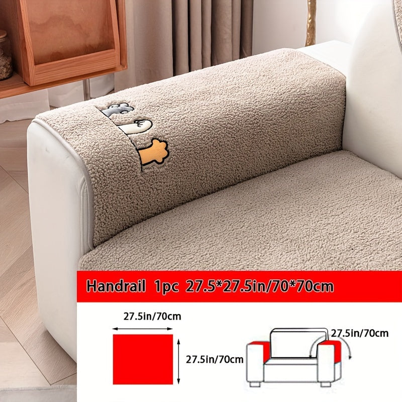 Plush Thick Shearling Sofa Cover with Cute Animal & Bone Embroidery